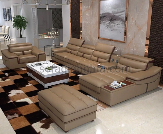 Bộ Sofa da phòng khách màu bò đẹp : E-248